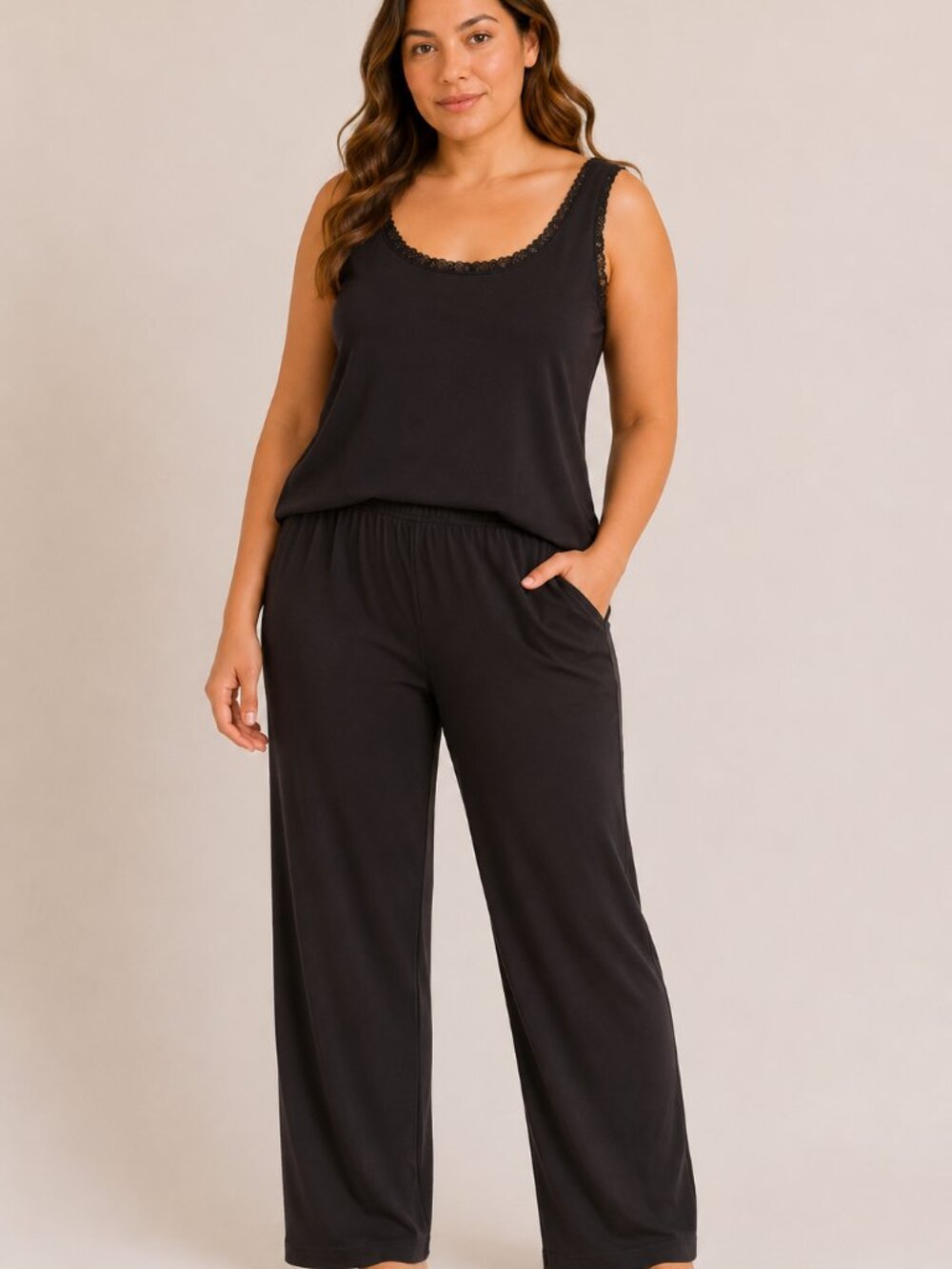 Sanctuary STY70039 Stretch Lace Trim Cami Pants Pajama Set Black Women’s M NWT